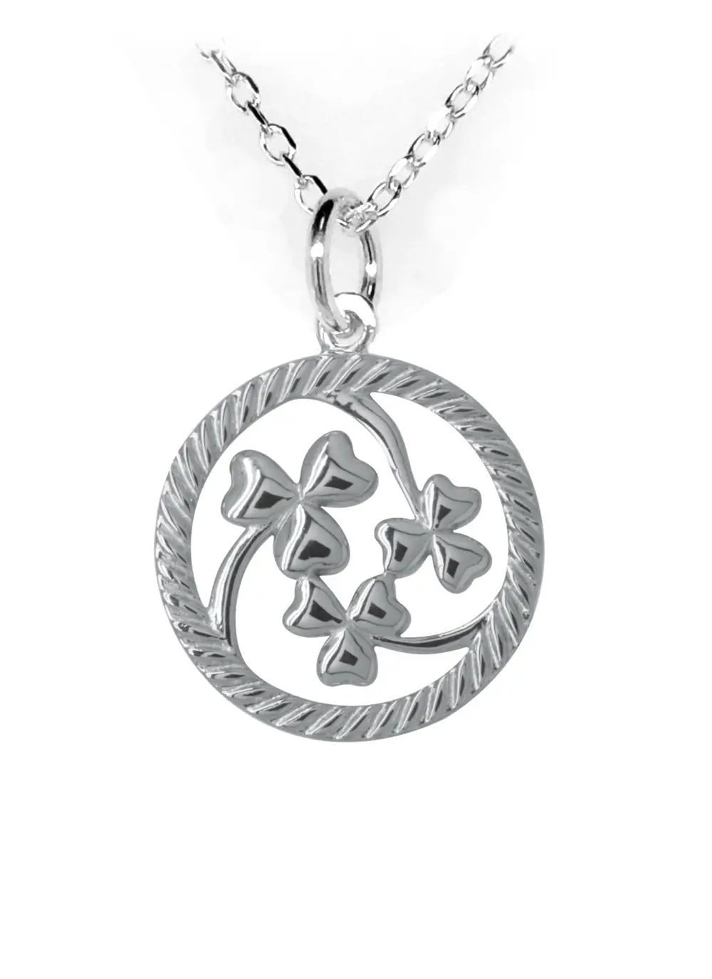 Sterling Silver Pendant With Three Shamrocks Entwined in Beautifully Textured Circular Frame